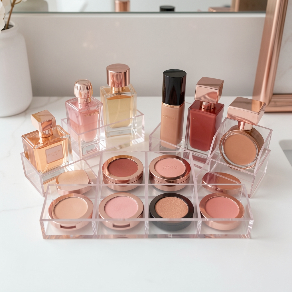 Organizator transparent pentru produse cosmetice cu multiple compartimente, aranjat elegant pe blat de baie alb cu accesorii rose gold