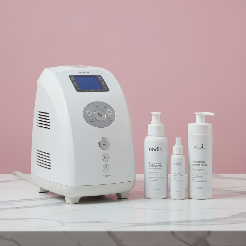 Aparat modern de epilare IPL pe fond pastel roz, alături de produse de îngrijire corporală pe o suprafață marmură albă