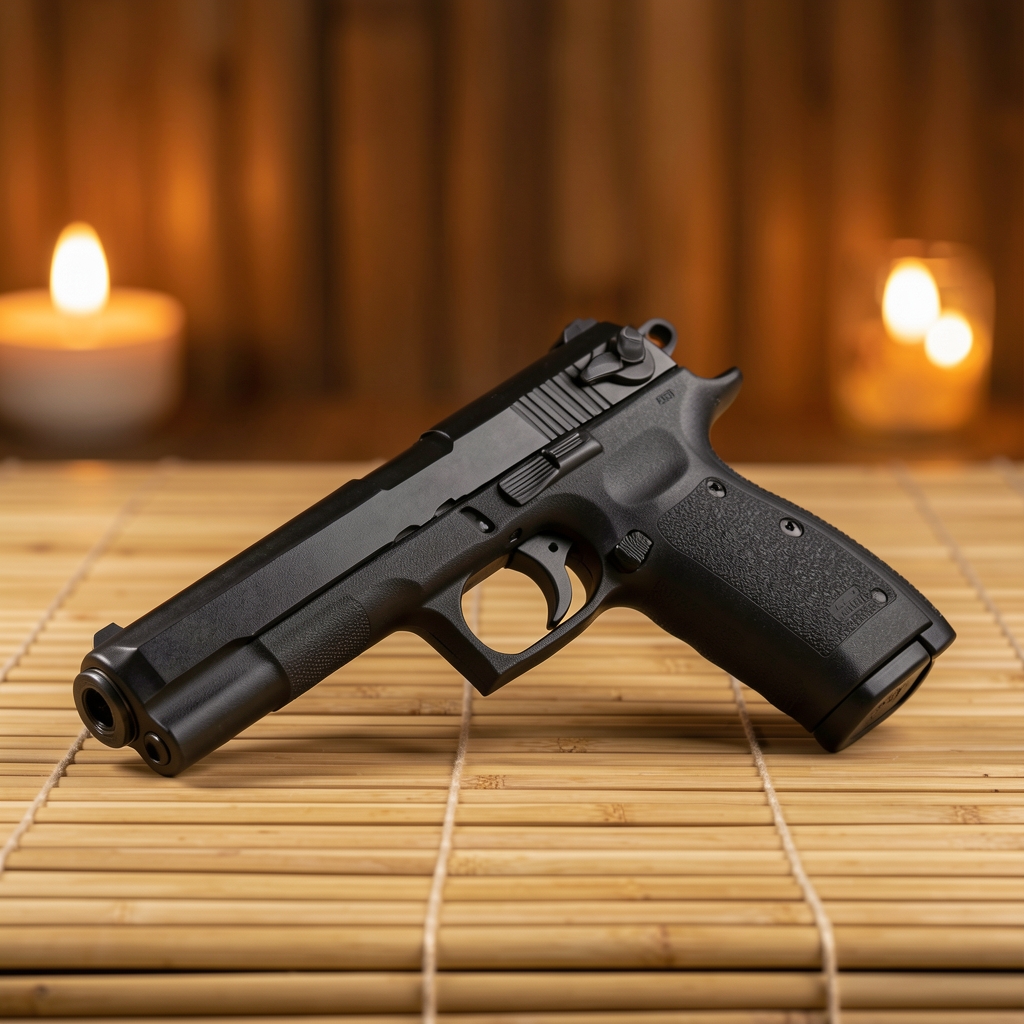 Pistol de masaj profesional cu capete multiple pe o suprafață de bambus, cu lumini calde ambientale în fundal