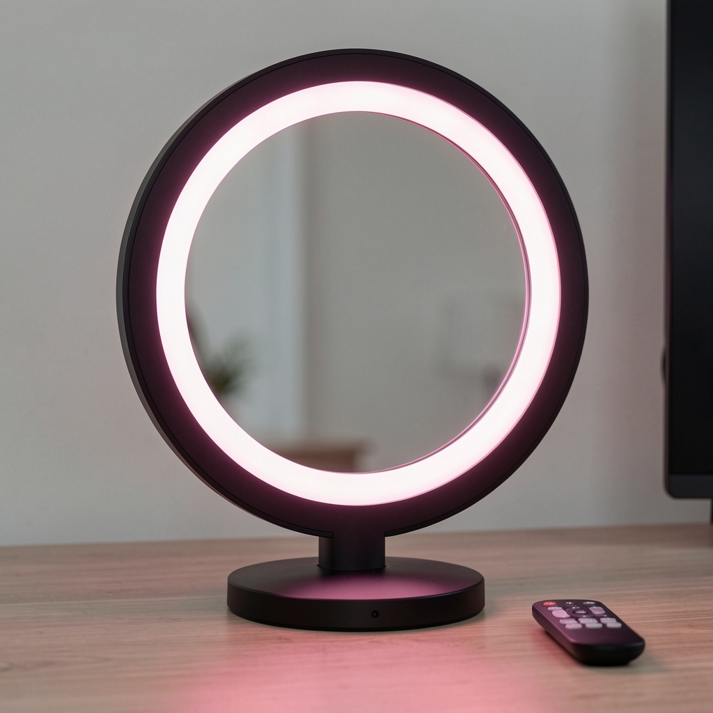 Oglindă inteligentă cu iluminare LED circulară și funcție de mărire, montată în baie modernă cu pereți de faianță gri