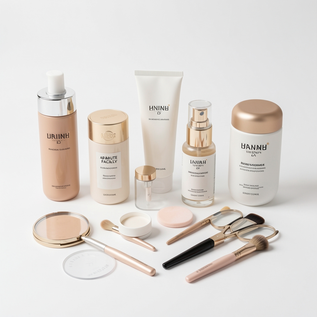 Produse de beauty premium testate editorial — uscătoare, aparate faciale și accesorii aranjate sistematic pe fundal alb pentru fotografiere comparativă