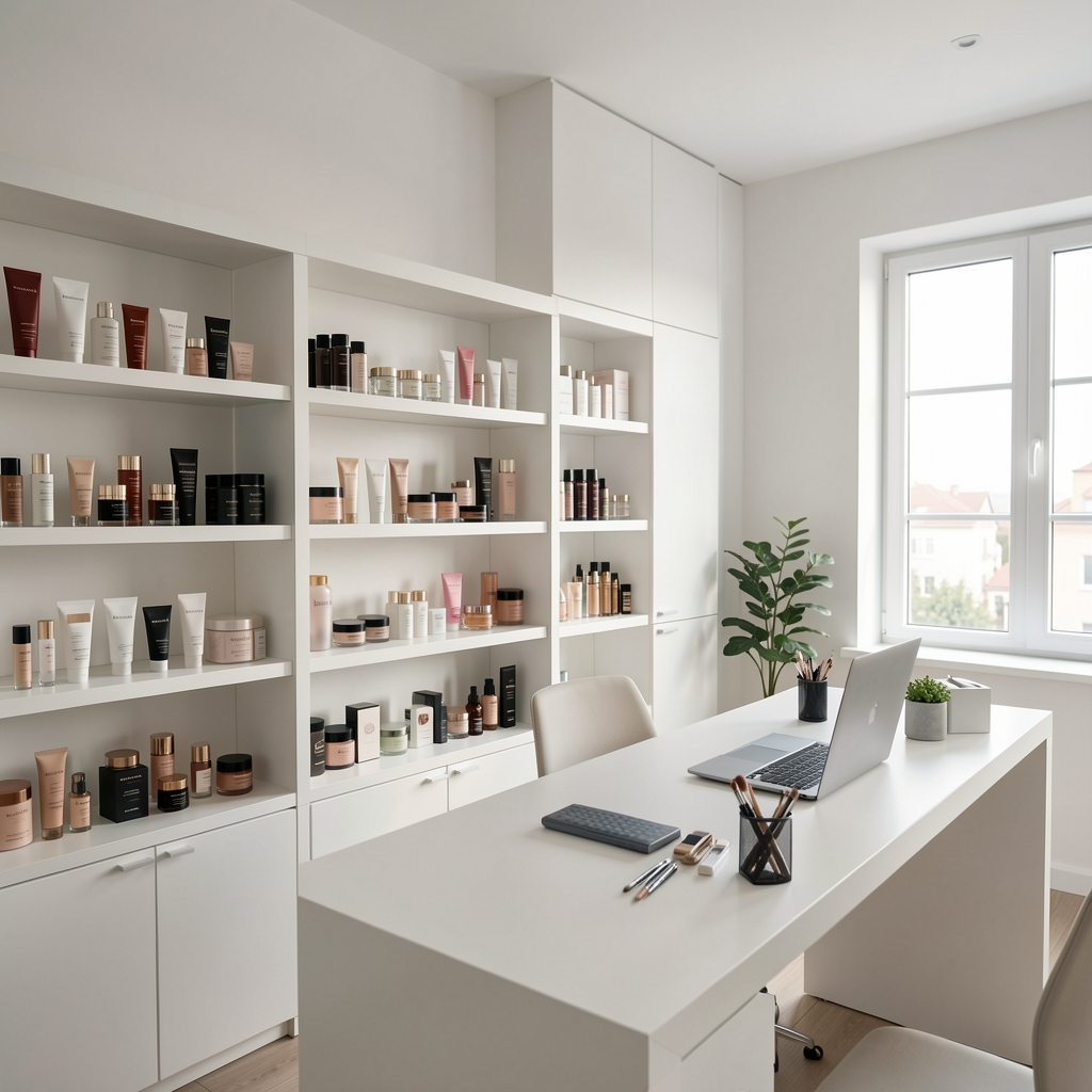 Spațiu de lucru modern al echipei Zephorax în Timișoara, cu produse de beauty premium aranjate pe rafturi albe și birou minimalist cu laptop