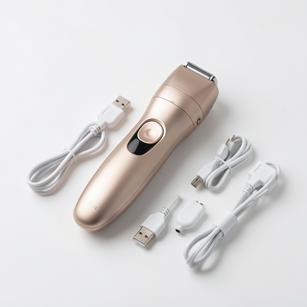 Epilator electric modern cu cap de epilare reîncărcabil USB, cu toate accesoriile incluse aranjate pe fundal alb minimalist
