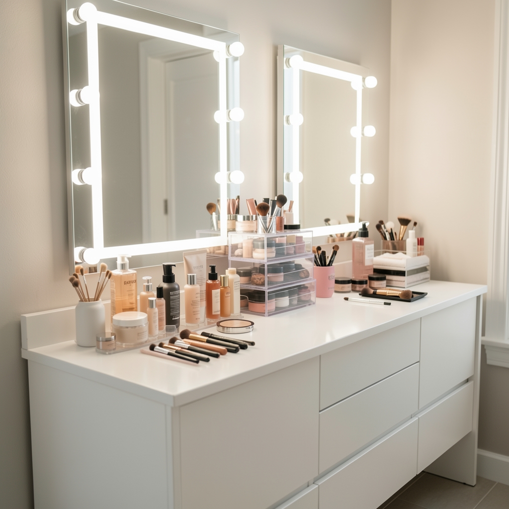 Spațiu de beauty organizat cu produse cosmetice, accesorii și organizatoare transparente pe o toaletă albă cu oglinzi mari iluminate