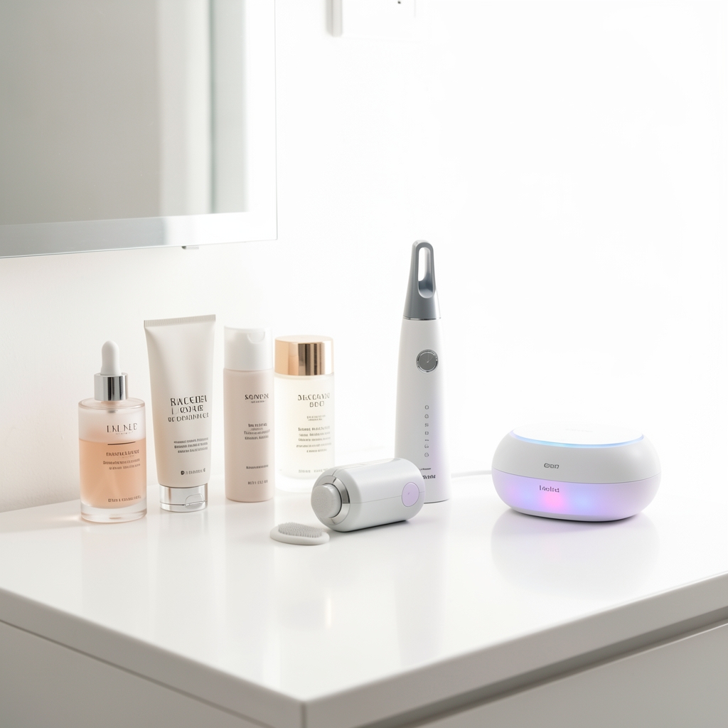 Rutina de dimineață pentru îngrijirea tenului cu aparate electrice, produse skincare și o lumină naturală caldă pe o masă de toaletă albă modernă