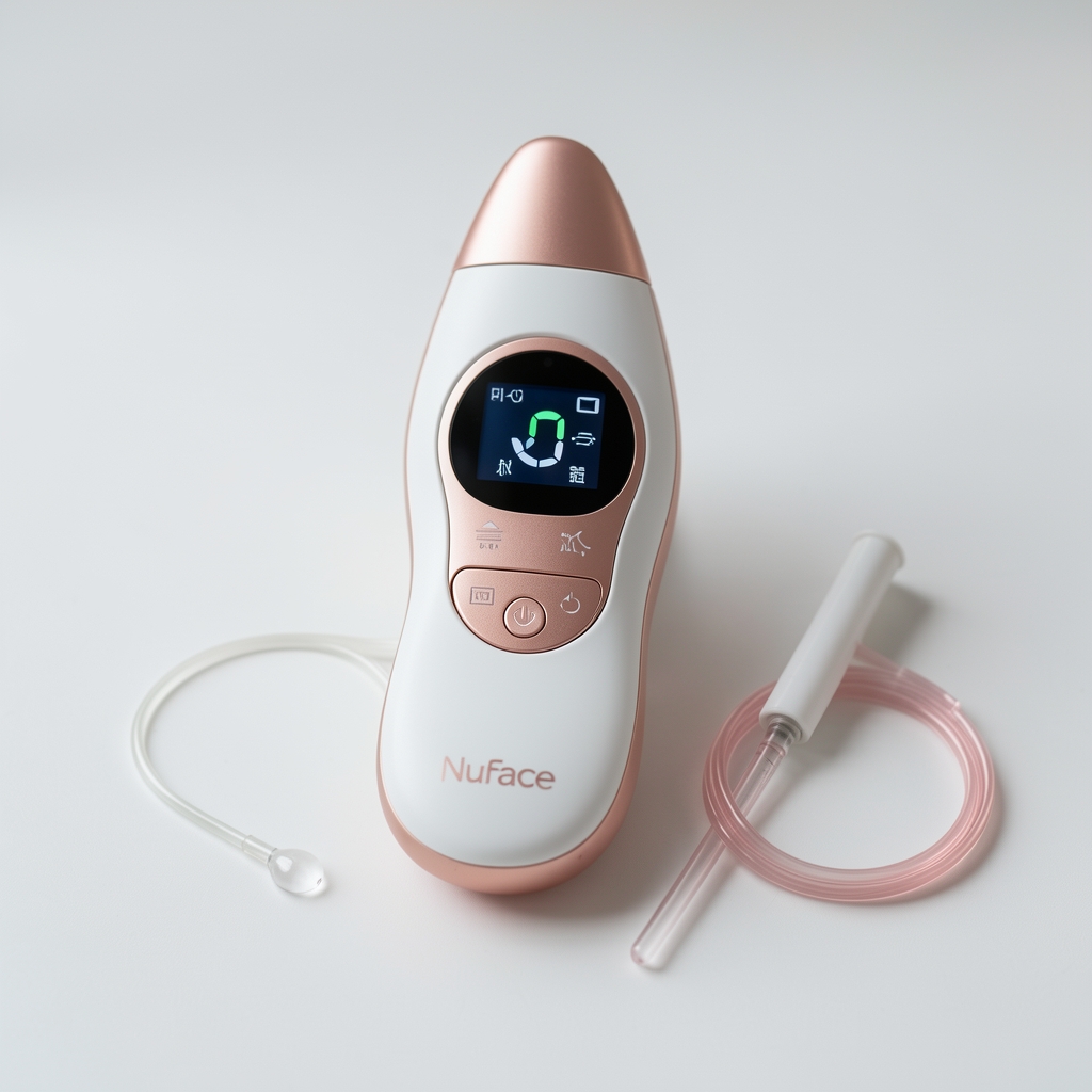 Rutina completă de îngrijire a tenului cu aparate electrice și produse cosmetice aranjate pe un blat alb minimalist, lumină moale de studio