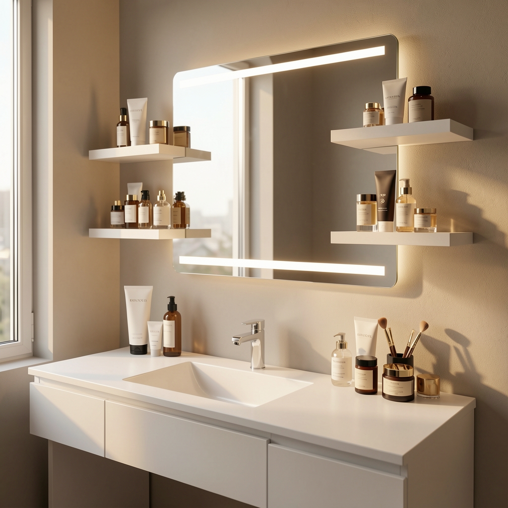 Masă de toaletă modernă cu oglindă iluminată LED, produse de îngrijire personală premium aranjate elegant pe rafturi albe, lumină caldă de dimineață