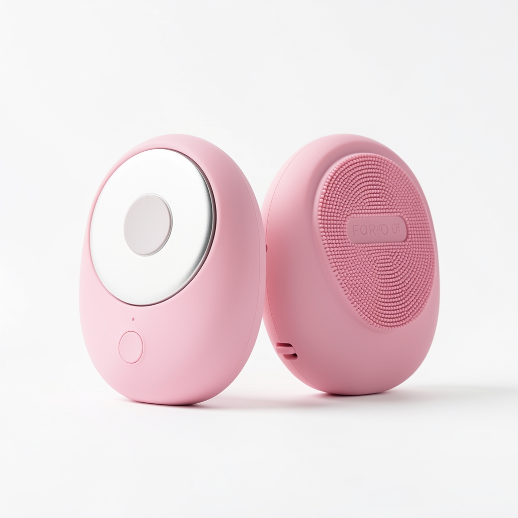 Dispozitiv FOREO LUNA 4 din silicon medical roz pudrat cu zona de curățare sonico pe față și zona de masaj anti-aging pe spate, pe fundal alb minimalist