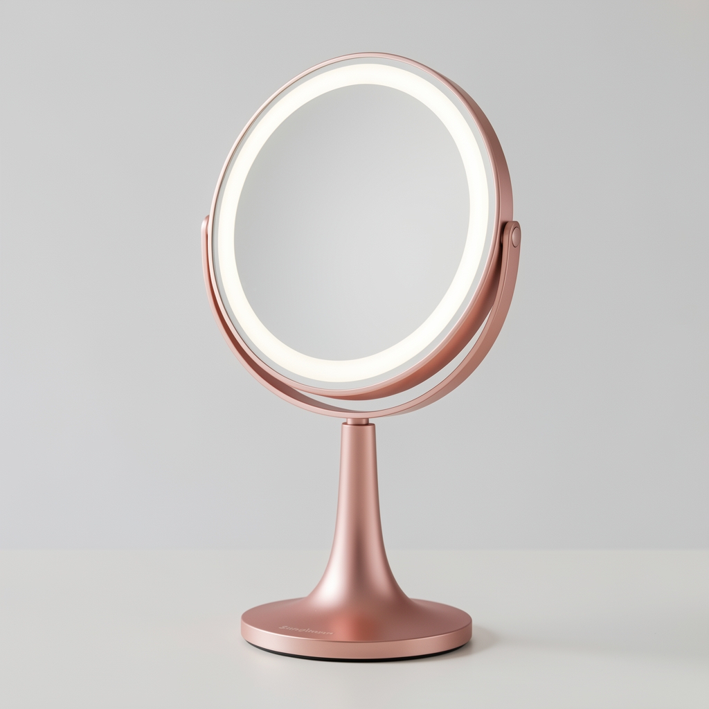 Oglindă cosmetică rotundă cu iluminare LED pe 360 de grade, mărire 10x, braț flexibil extensibil, culoare rose gold