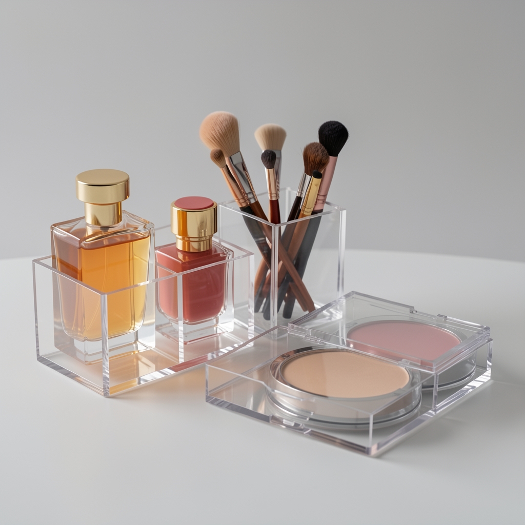 Set de organizatoare cosmetice acrilice transparente cu sertare și compartimente pentru parfumuri și rujuri, pe blat alb modern