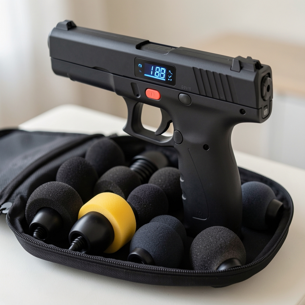 Pistol de masaj percutant Theragun Prime Plus negru mat cu display OLED, buton unic de control și 6 capete din spumă de densitate variată incluse în geantă de transport