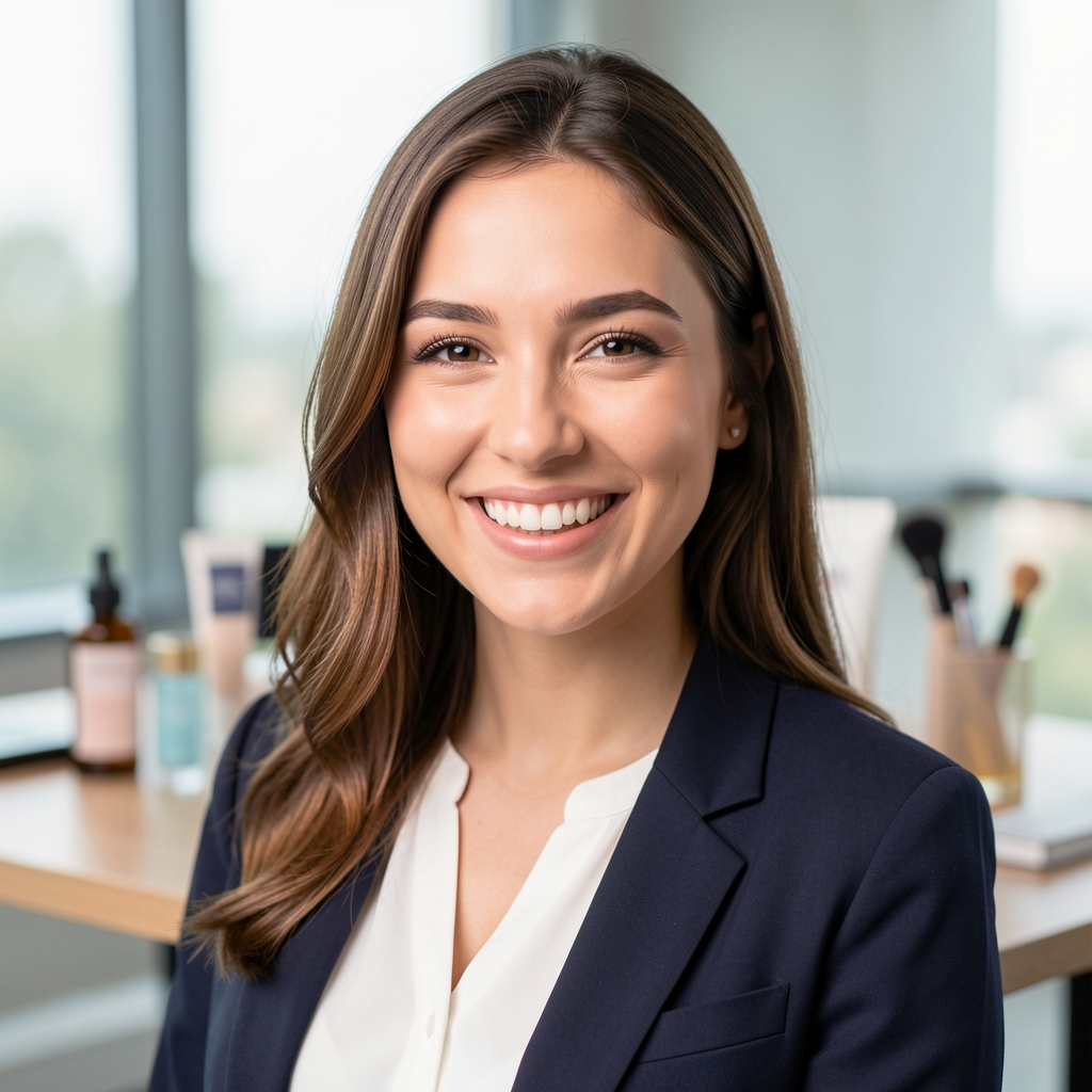 Andreea Moldovan, fondatoare Zephorax, femeie zâmbitoare în spațiu de lucru modern cu produse beauty în fundal